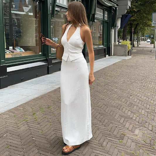 Autumn New Women's Fashion Sexy Two-Piece Set V-Neck Halter Strap Blouse Low Waist Slit Skirt