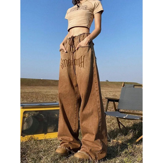 Retro Raw Edge Design Jeans Women's Summer Loose Wide Leg Slim High Waist Straight Leg Mop Pants