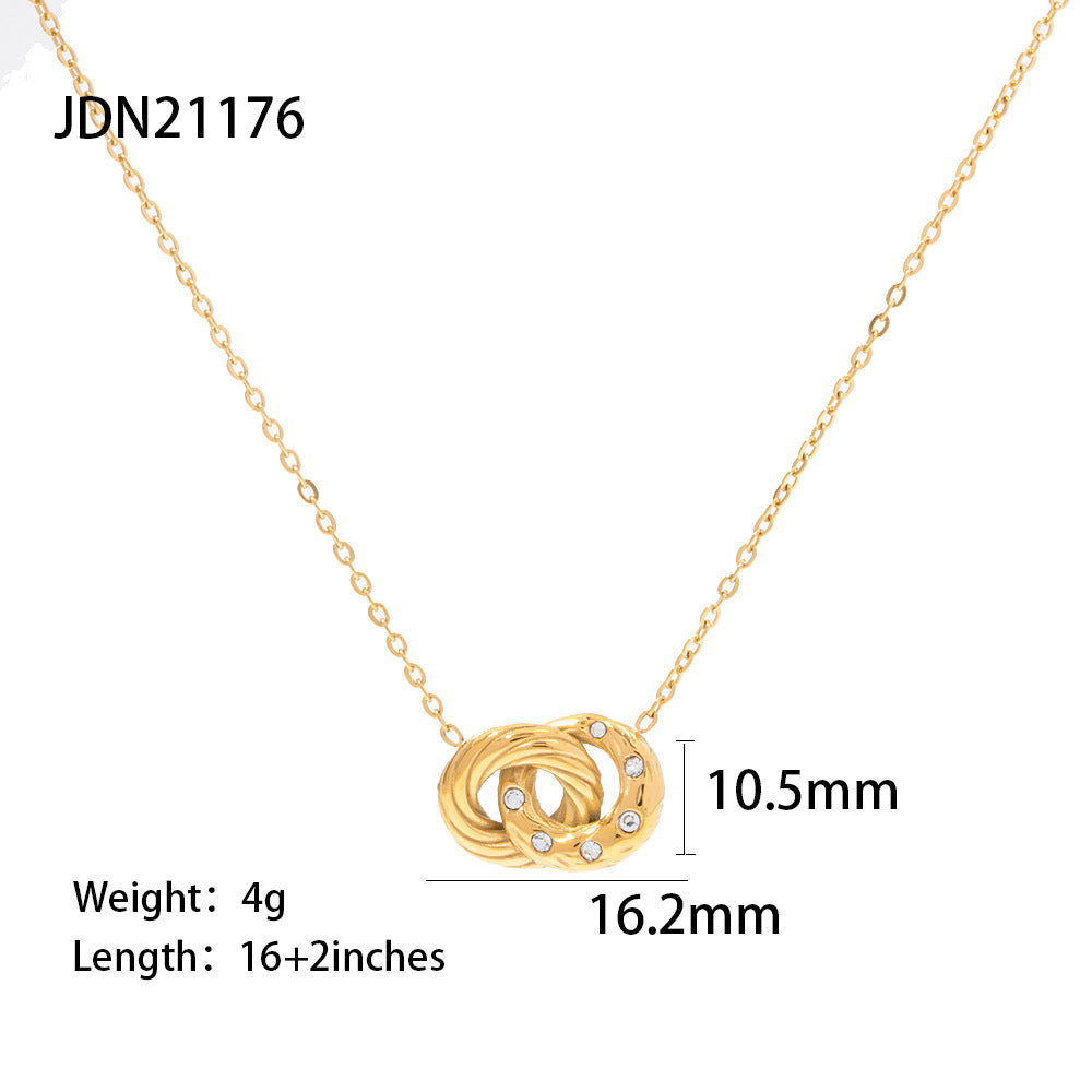 5pcs 18K Gold-Plated Stainless Steel Double Ring Inlaid White Diamond Pendant Necklace Women's Fashion All-Match Titanium Steel Necklace Jewelry