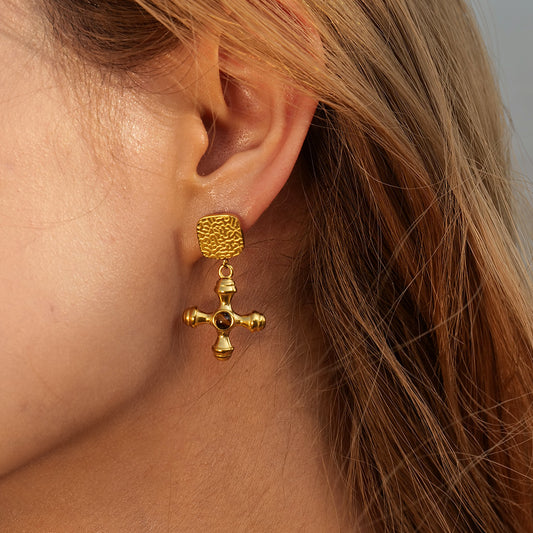 5pcs 18K Gold Stainless Steel Inlaid Tiger Eye Stone Cross Pendant Earrings Women's Fashion All-In-One Earrings