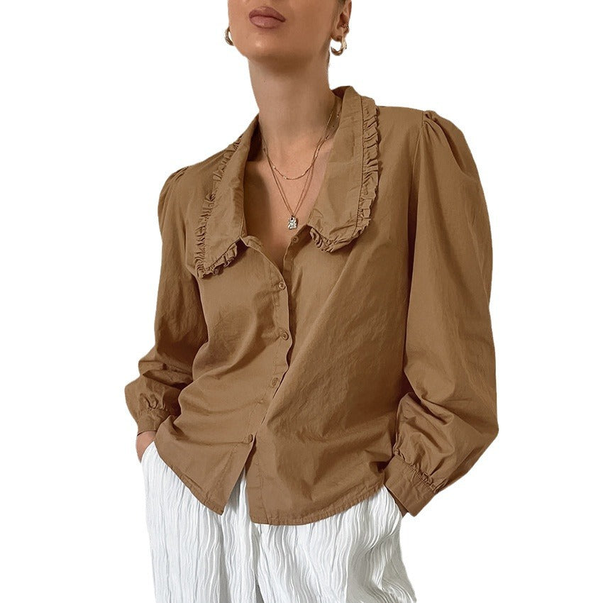 Brown Cotton Pleated Baggy Lapel Blouse New Fall Fashion Top