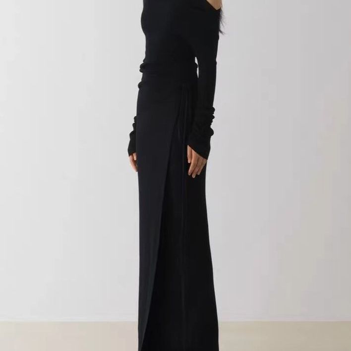 Autumn New Gentle Wind Knit Suit Feminine Black Top Skirt Two-Piece Set