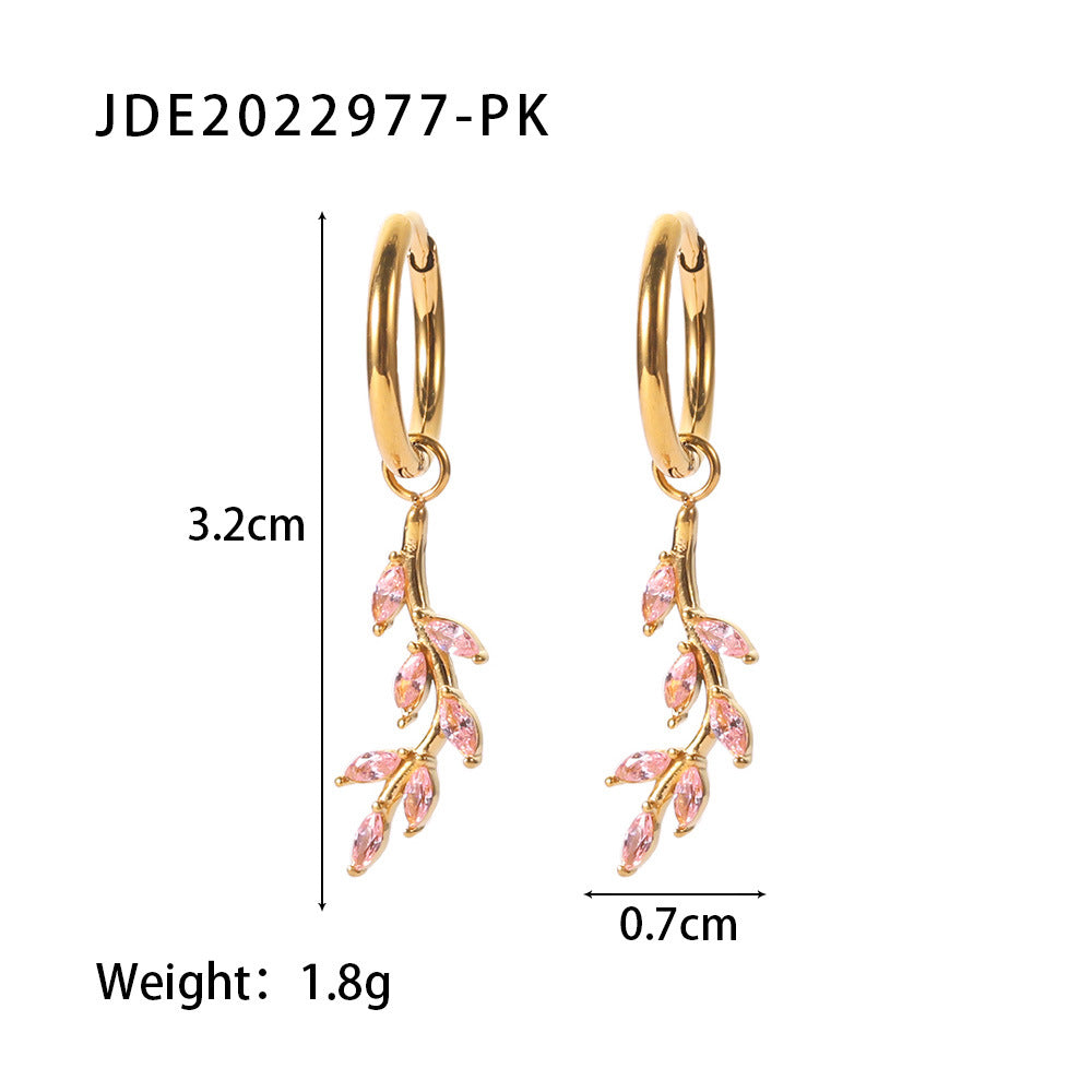 5pcs New Titanium Steel Pendant Earrings 18K Gold Inlaid Green // White Zircon Leaf Pendant Earrings Female