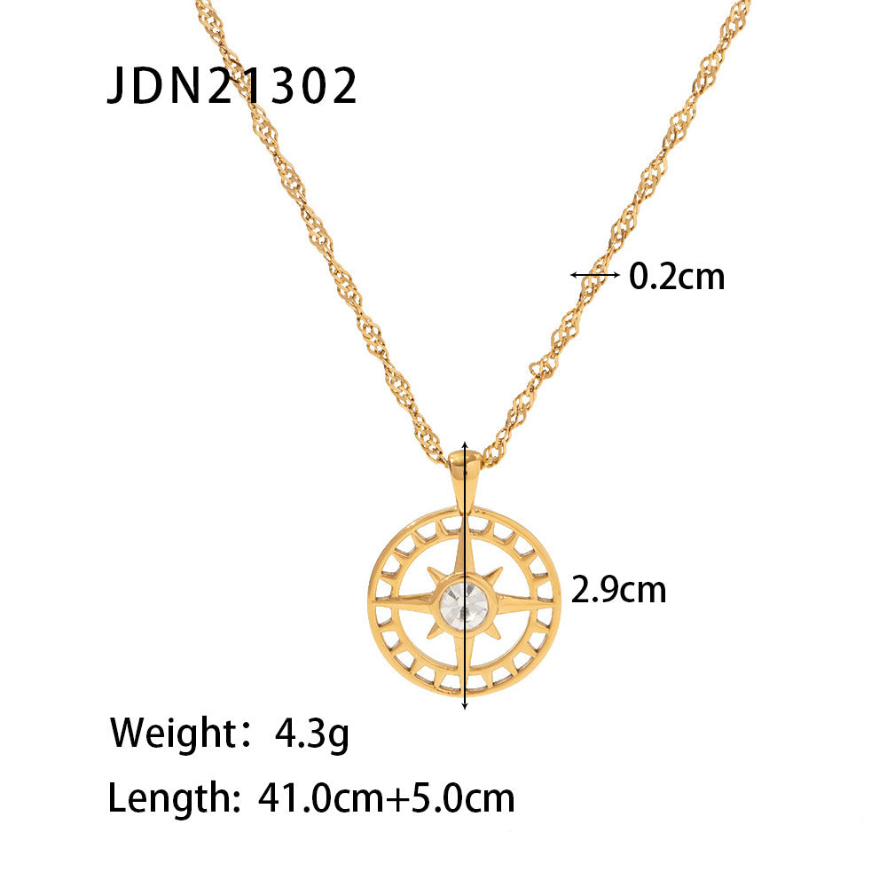 5pcs Vintage Octet Star Titanium Steel Necklace Stainless Plated 18-Karat Gold Inlaid Zircon Hollow Pendant Women's Necklace