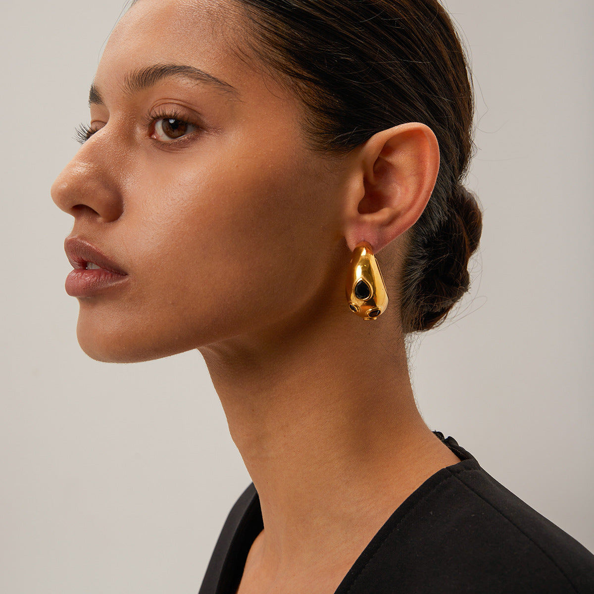 5pcs 18K Gold Black Zircon Moon Earrings Advanced Design Sense Does Not Fade Jewelry