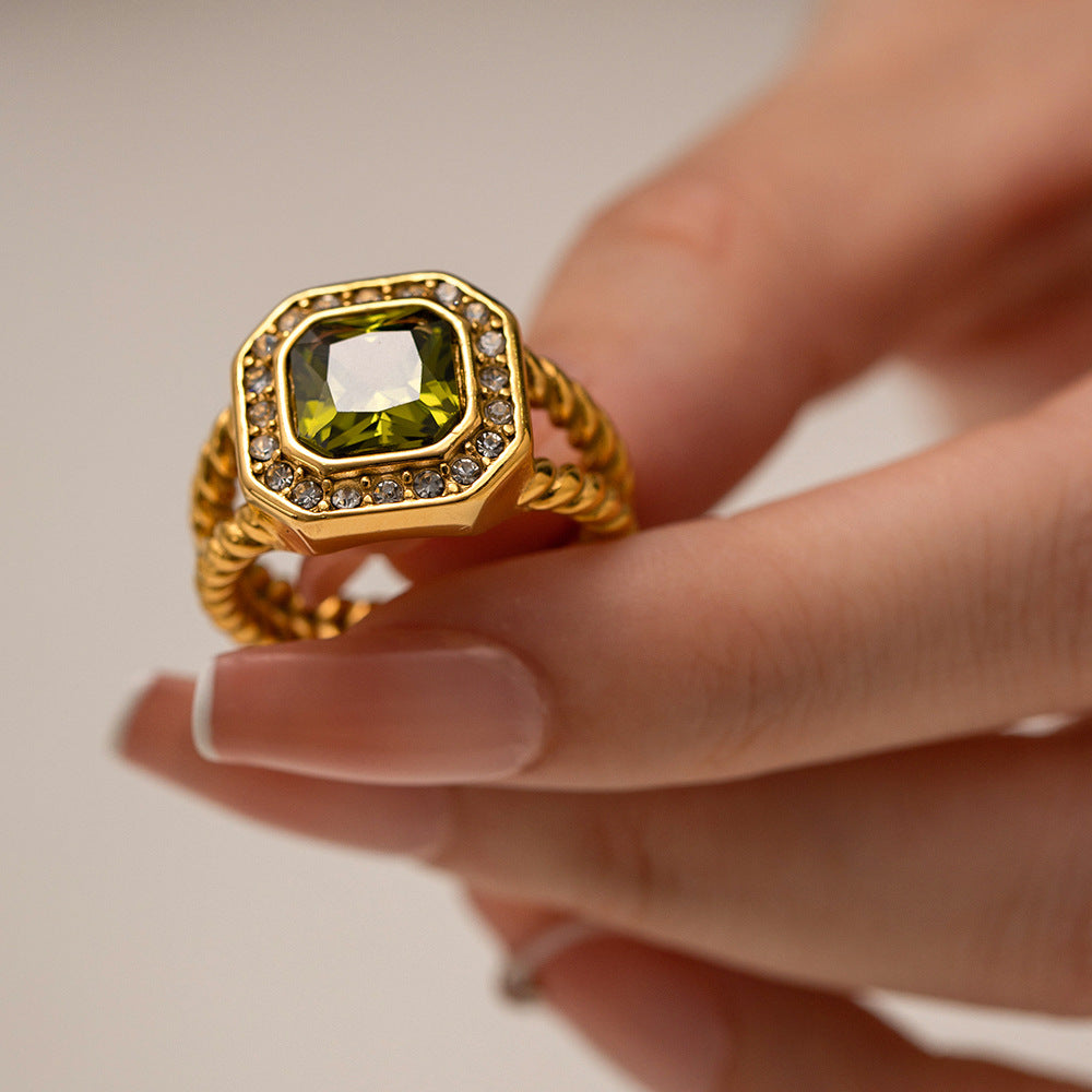 5pcs Niche Design Exaggeration Style 18K Double Octagon Olive Green Zircon Twist Ring Does Not Fade Jewelry