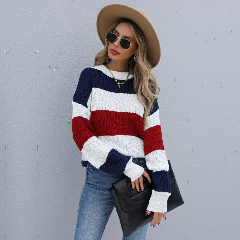 Fashion Women's Autumn Long-Sleeved Color Contrast Half Turtleneck Sweater Base
