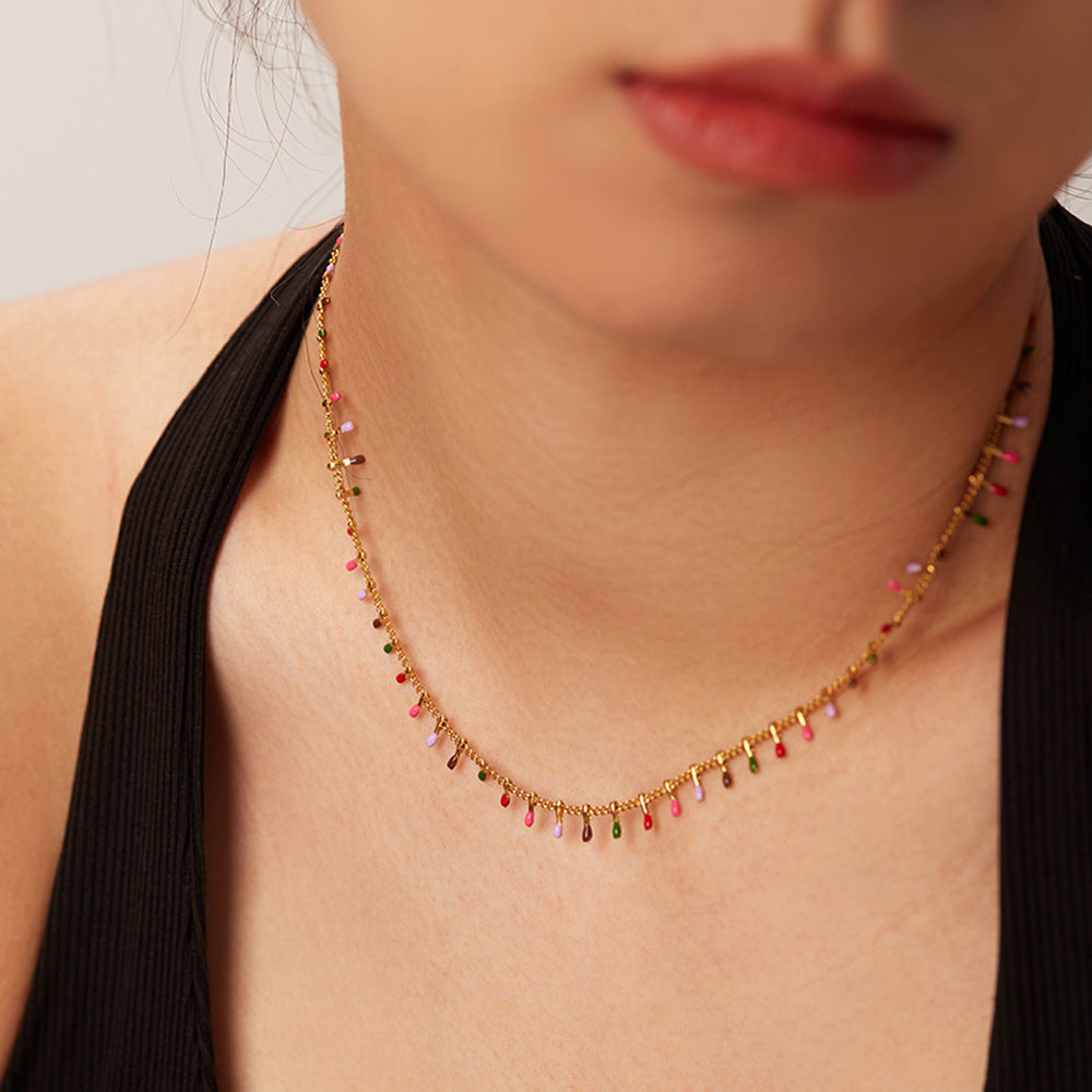5pcs New Fashion Style Colorful Dripping Oil Fringe Choker 18K Gold Collarbone Chain Stainless Steel Necklace For Women