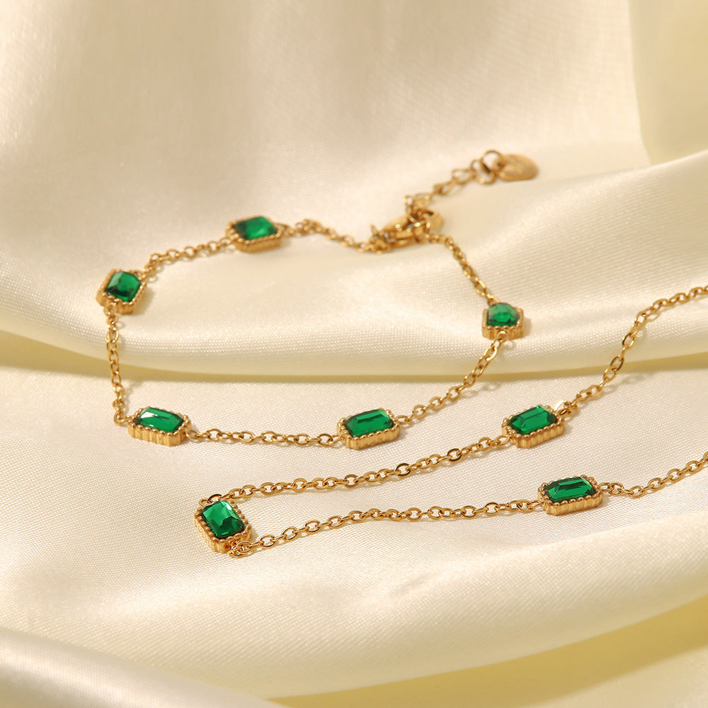 5pcs Style Square Emerald Zircon Necklace Light Luxury Niche High-Grade Titanium Steel Collar Bone Chain Necklace Bracelet