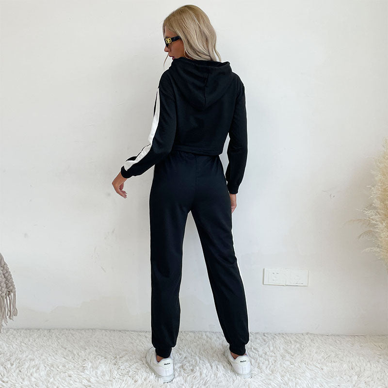 New Women's Long-Sleeved Street Black Hooded Sweatsuit Two-Piece