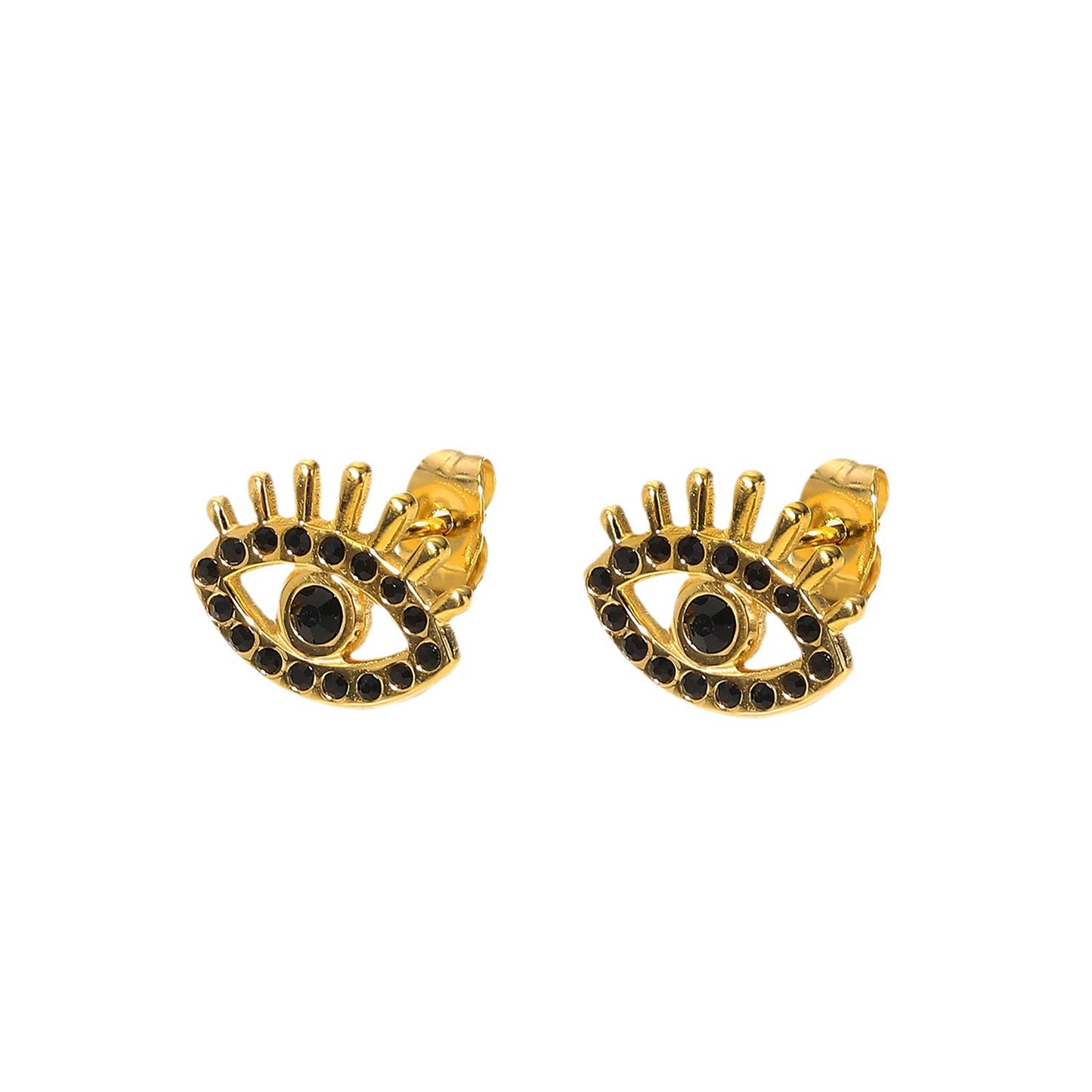 5pcs New Vintage Black Diamond Eye Studs Women's Style 18K Gold Stainless Steel Earrings