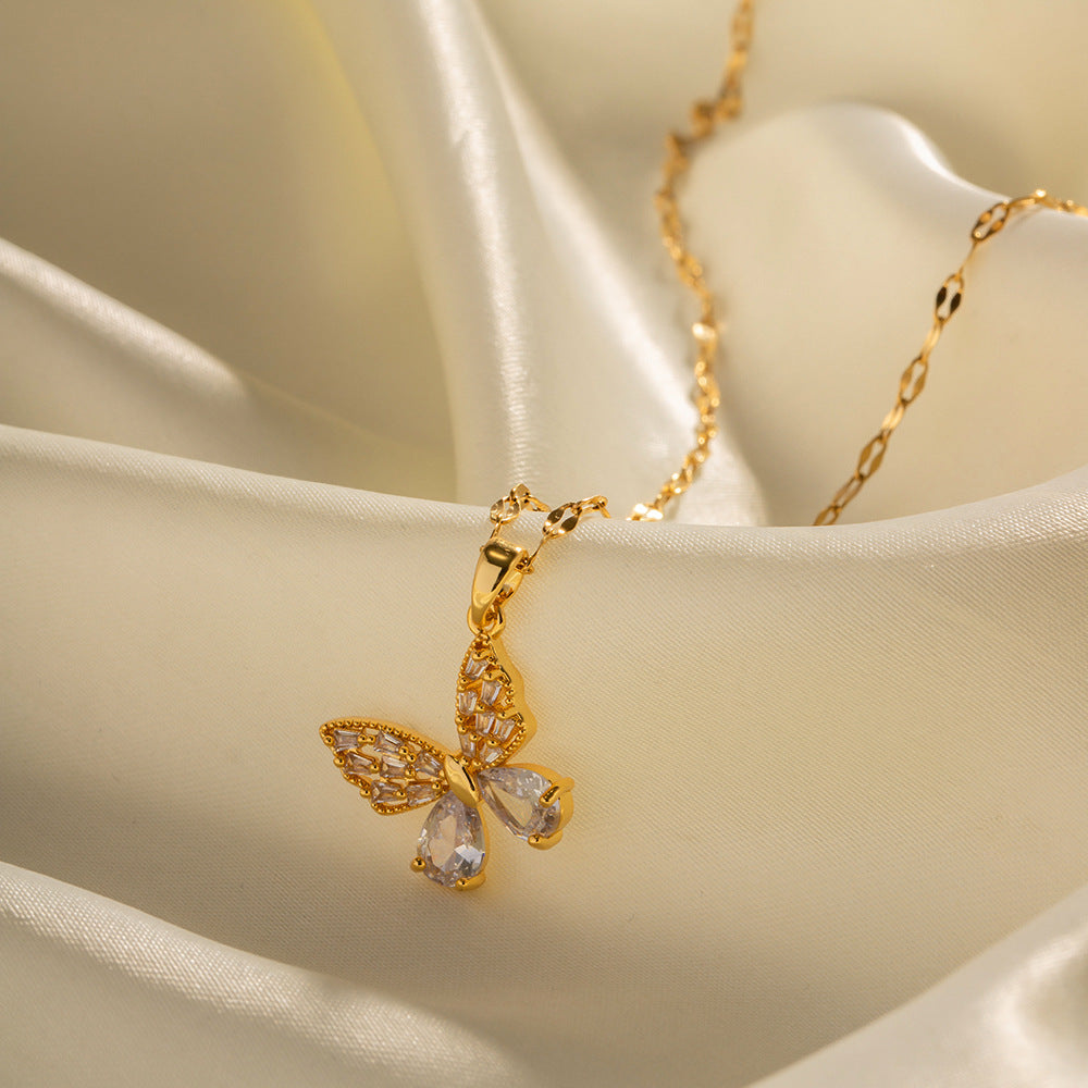 5pcs 18K Gold Stainless Steel Inset White Zircon Butterfly Pendant Necklace Does Not Fade A Niche Jewelry