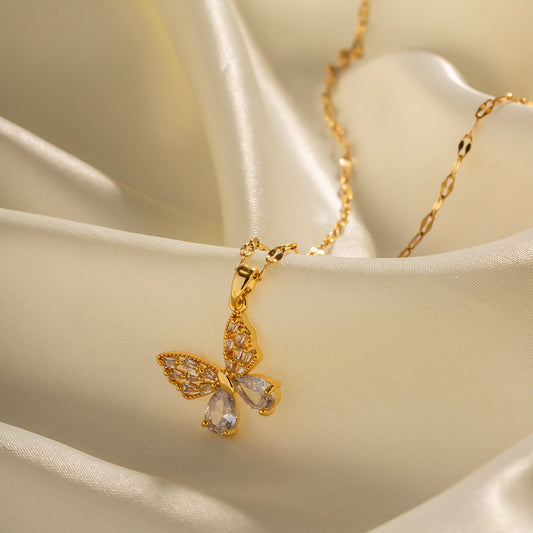 5pcs 18K Gold Stainless Steel Inset White Zircon Butterfly Pendant Necklace Does Not Fade A Niche Jewelry