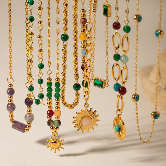 5pcs New Selling 18K Gold-Plated Stainless Steel Necklaces Inlaid With Turquoise Beads Necklace Women's Jewelry