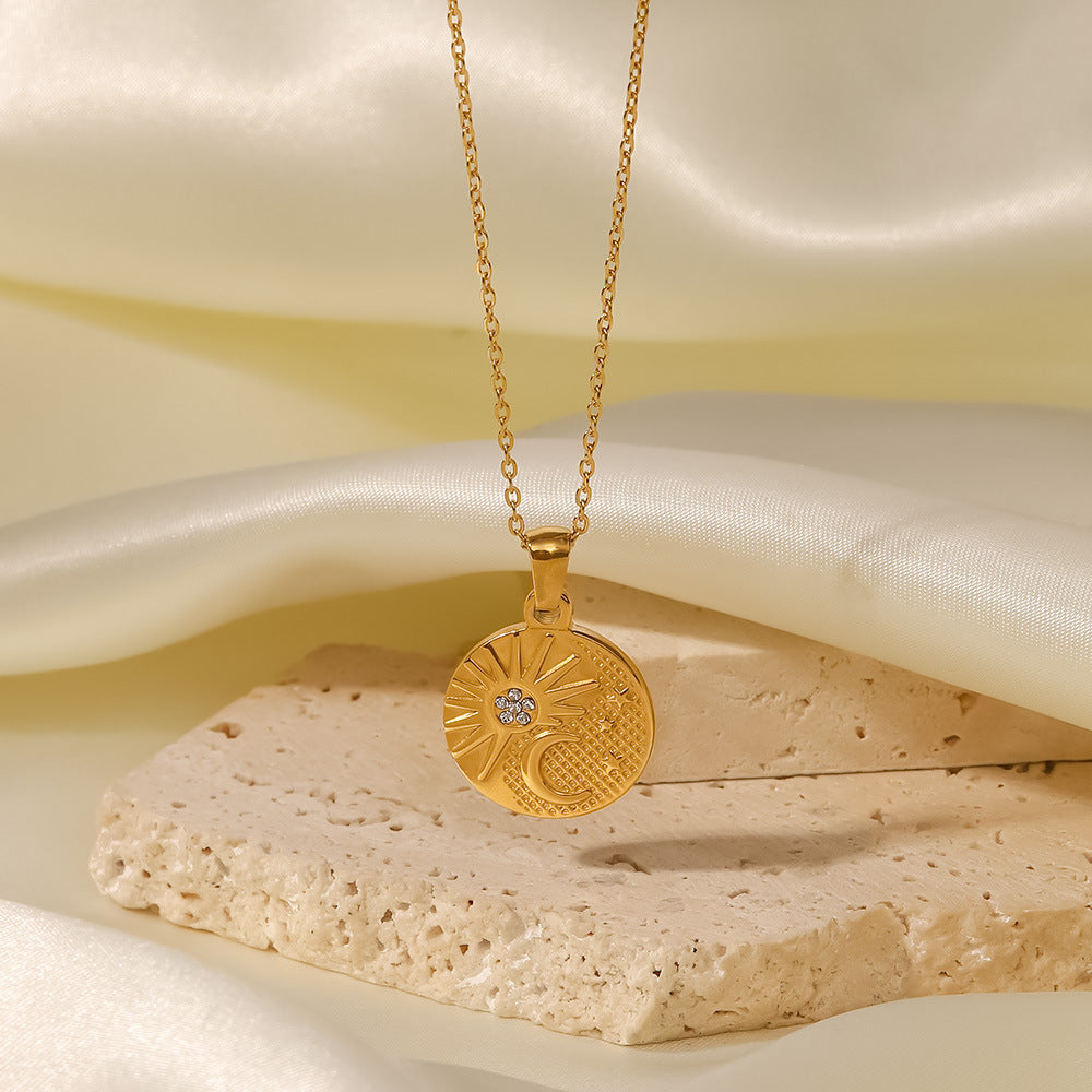 5pcs Titanium Steel Necklace 18K Gold Plated Stainless Steel Zircon Sun Half Moon Pendant Necklace Women