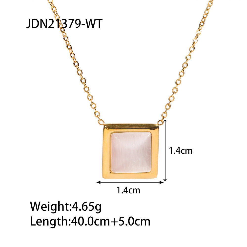 5pcs Cat's Eye Stainless Steel Square Earrings Necklace Female Style Fashion Niche Design High-Grade All-Match Titanium Steel Necklace