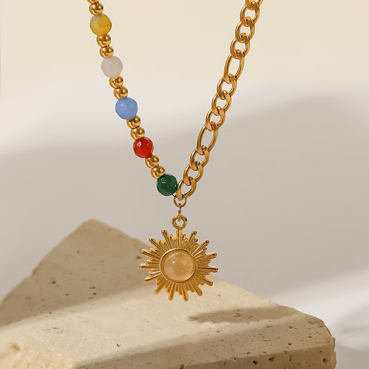 5pcs New Titanium Steel Pendant Necklace 18K Gold Natural Stone Cat's Eye Sun Pendant Colored Stone Necklace