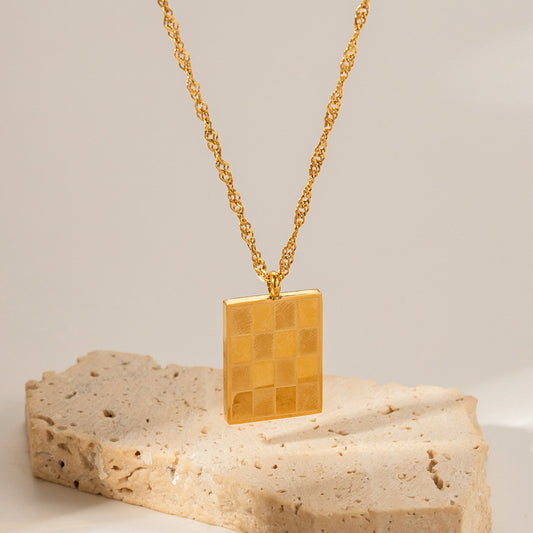 5pcs Vintage Square Checkerboard Pendant Necklace Stainless Steel Gold Plated Chain Simple Personality Style Necklace For Women