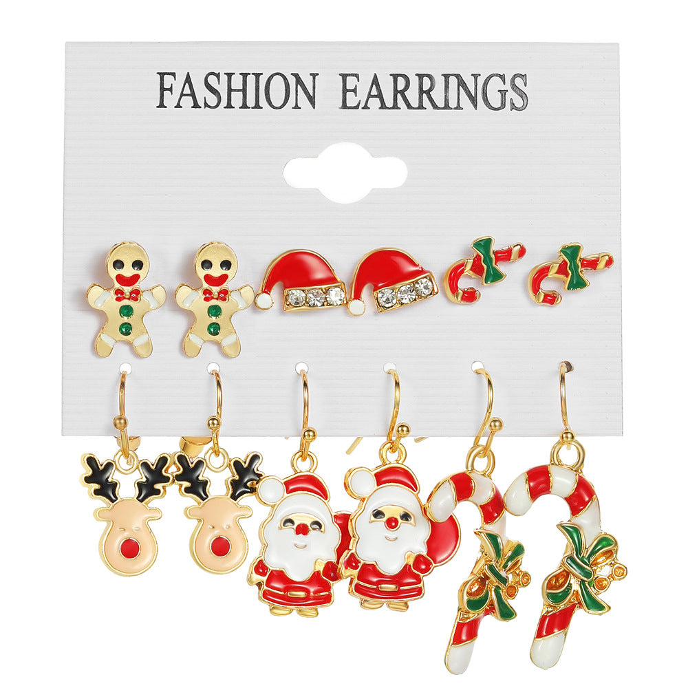 Christmas Earrings Set New Drip Oil Creative Santa Claus Snowman Christmas Tree Earrings 6-Piece Set