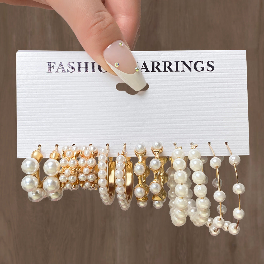 5 Sets New Pearl Earrings Set for Women Retro Metal Geometric C-Shaped 5 pairs Earrings