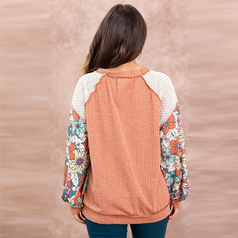 Fashion Floral Splicing Texture Long Sleeve T-Shirt Women's New Autumn Personality Color Knit Pullover