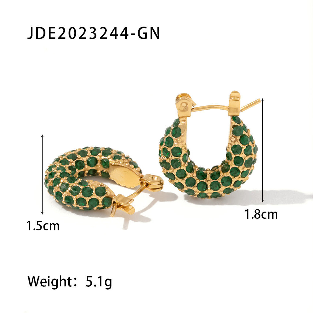 5pcs New Fashion Earrings 18K Gold Plated Stainless Steel Inlaid Green/White Square Zircon Ring Earrings