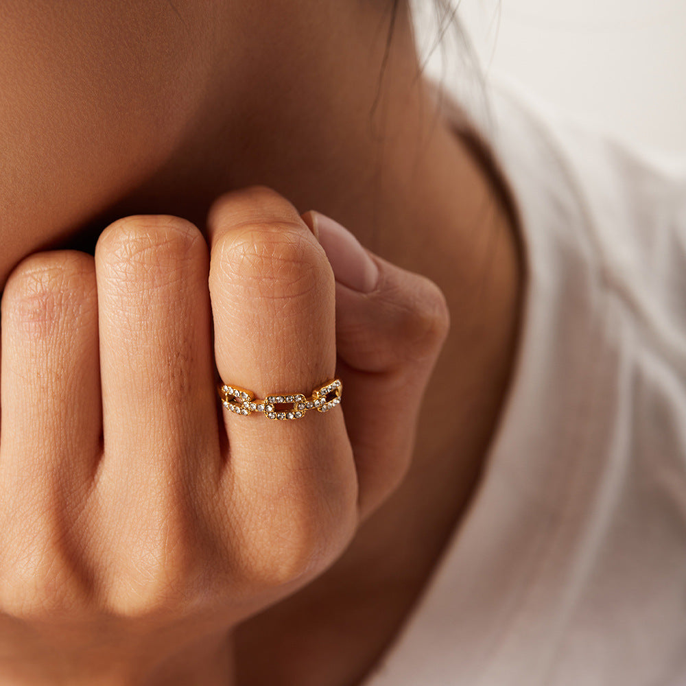 5pcs 18K Gold Plated Stainless Steel Square Chain Ring Small Diamond Delicate Stacked Ring Fashion All-Match Titanium Steel Ring Women