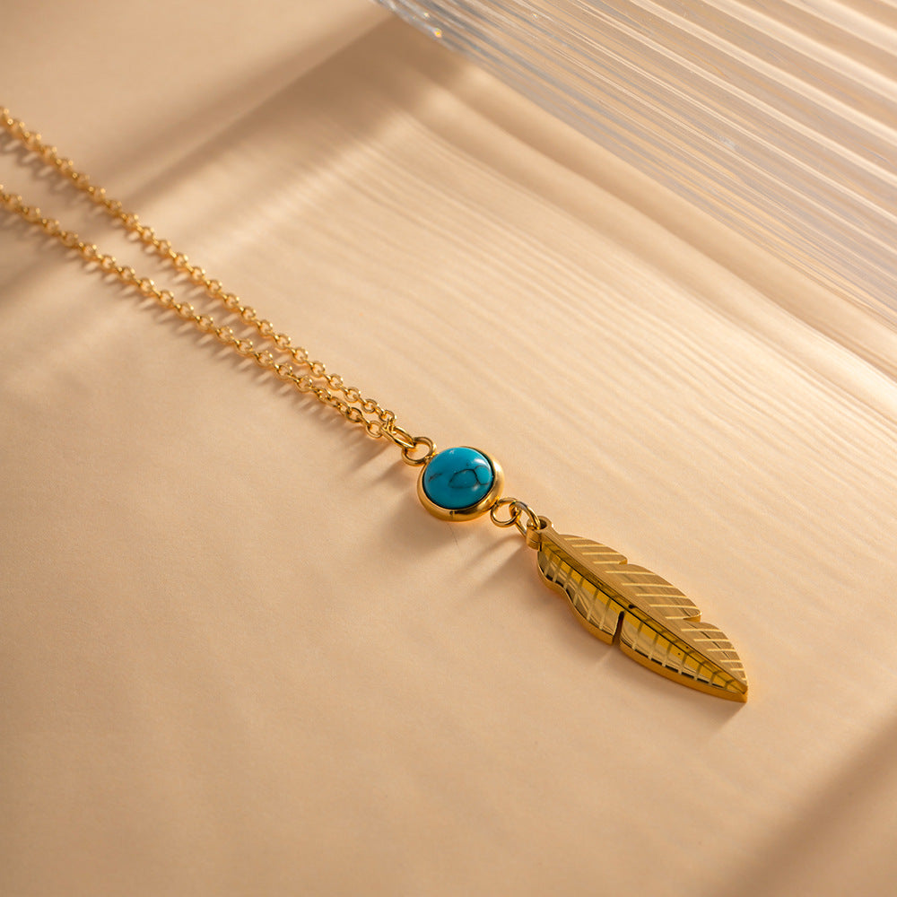 5pcs Stainless Steel Feather Inlaid Turquoise Stainless Steel Pendant Necklace Everything Accessories