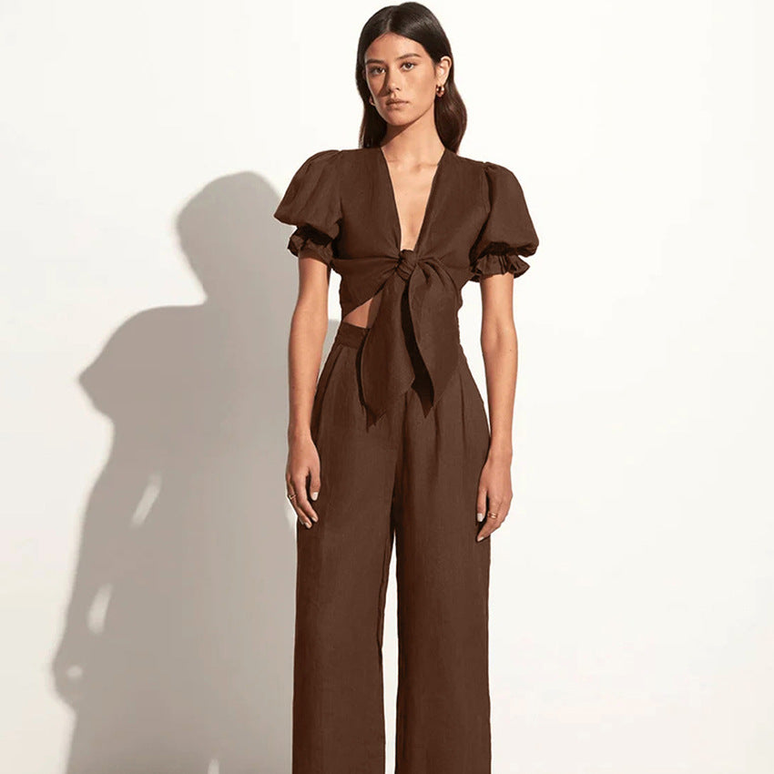 New Cotton And Linen Bubble Sleeve V-Neck Slim Short Sleeve Top And Pants Summer Fashion Women's Two-Piece Set