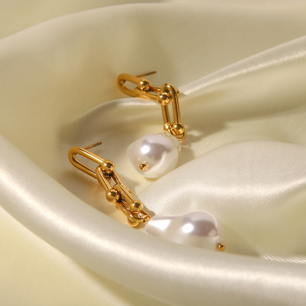 5pcs New 18K Gold Plated Stainless Steel Profiled Imitation Pearl Pendant Earrings Anti-Allergy Temperament Chain Earrings