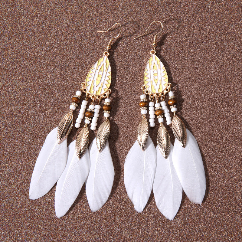 Water Drop Fringe Feather Earrings Women's Long Boho Rice Beads Ears Ethnic Wind Travel Holiday Accessories