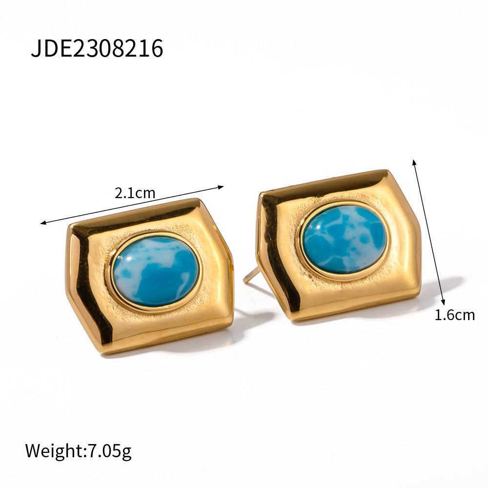 5pcs New Titanium Steel Earrings 18K Gold Stainless Steel Sea Stone Rectangular Earrings With Broad Face Set With Sea Pine Earrings