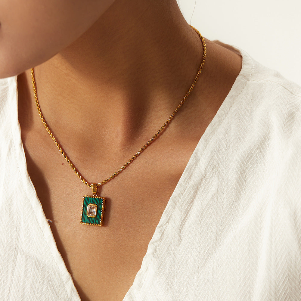 5pcs Stainless Steel Necklace 18K Rectangular Green Tag Stainless Steel Necklace Female