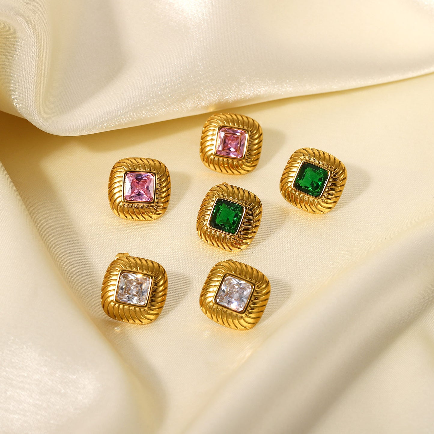 5pcs 18K Gold-Plated Square Buttons Colored Zircon Earrings Stainless Steel Green/White/Colored Cubic Zirconia Earrings For Women