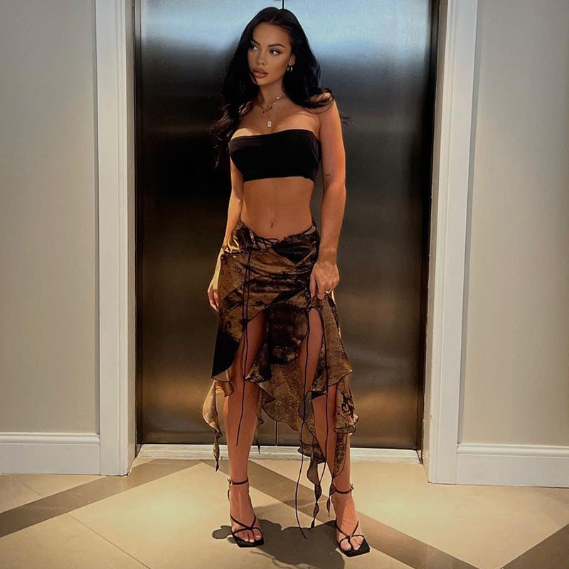 Holiday Style Vintage Print Ruffled Irregular Lace-Up Skirt Spice Girl Fashion Sexy Hip Lift Skirt