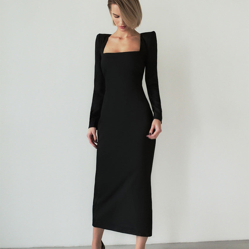 Autumn And Winter Women's Long Dress Square Collar Temperament Little Black Dress Slim-Fit Bag Hip Design Dress