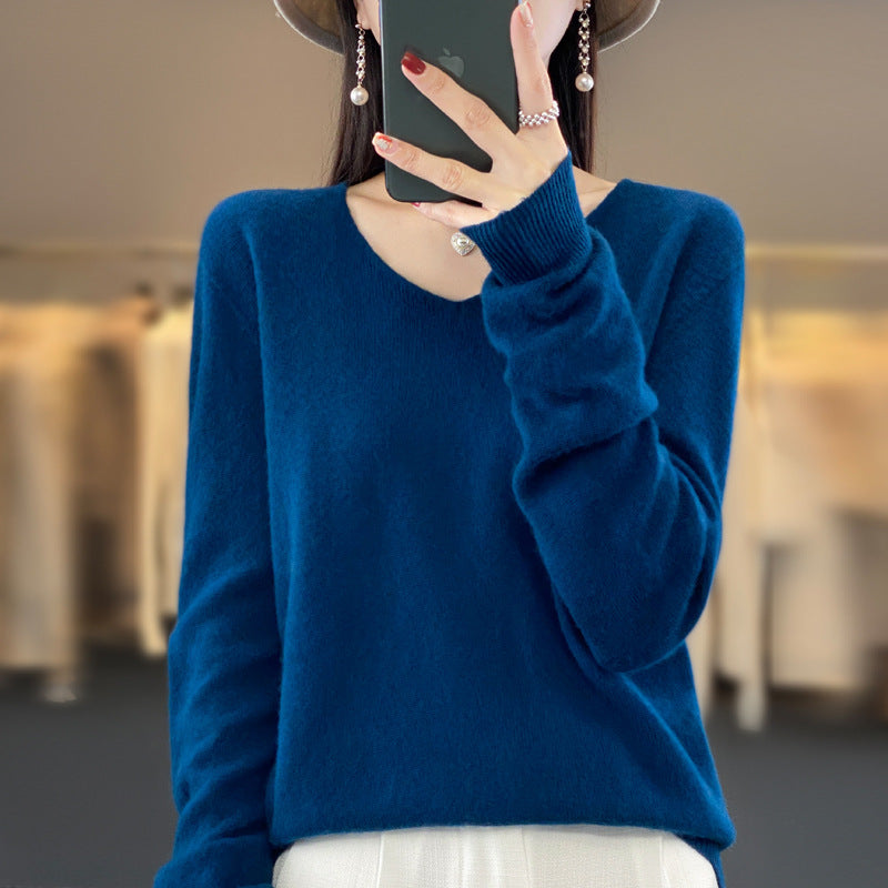 100 Pure Wool Knitwear Women's V-Neck Pullover Loose Base Shirt Autumn And Winter New Solid Color Sweater