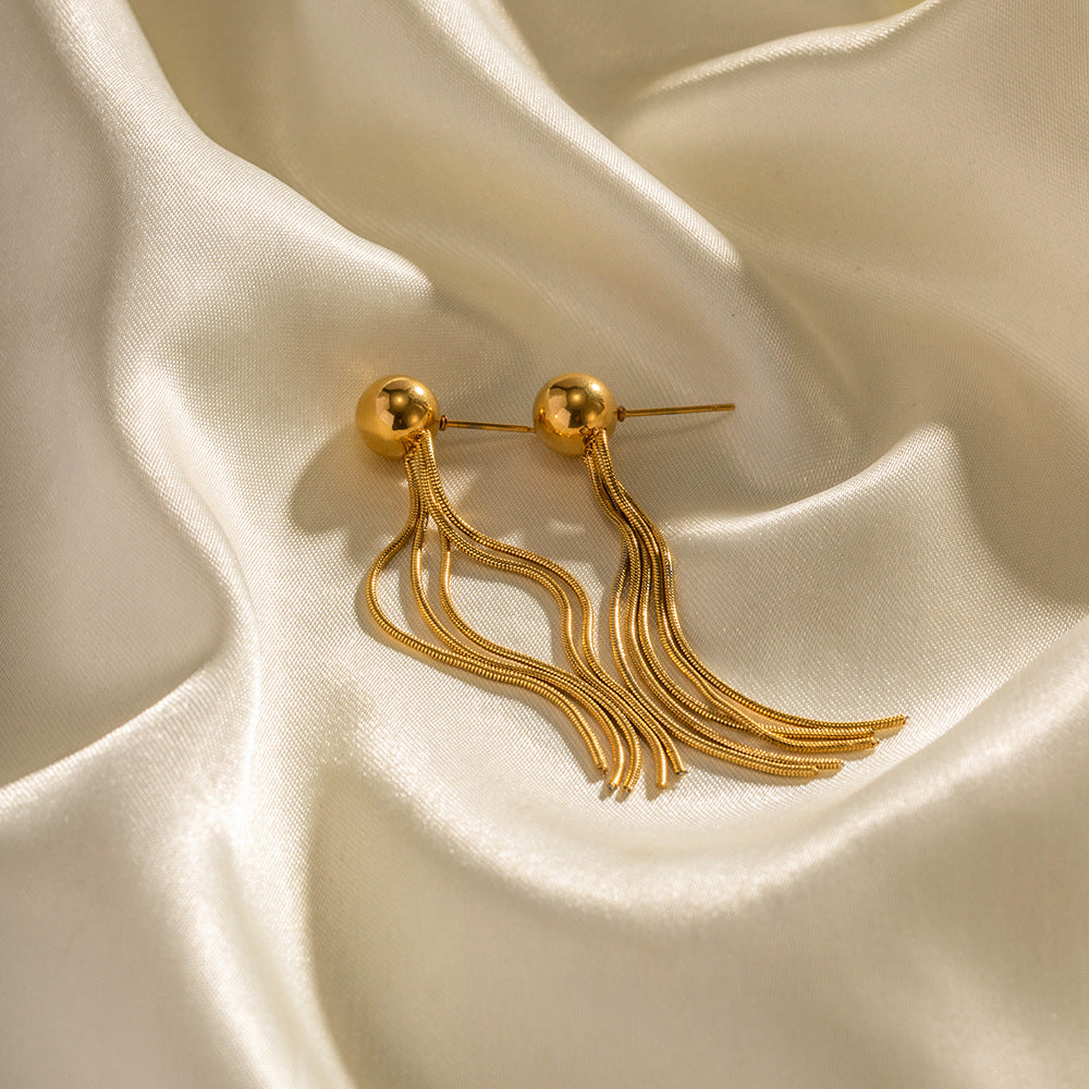5pcs Women's Fashion All-Match New Titanium Steel Earrings 18K Gold Stainless Steel Beads Long Fringe Earrings Jewelry
