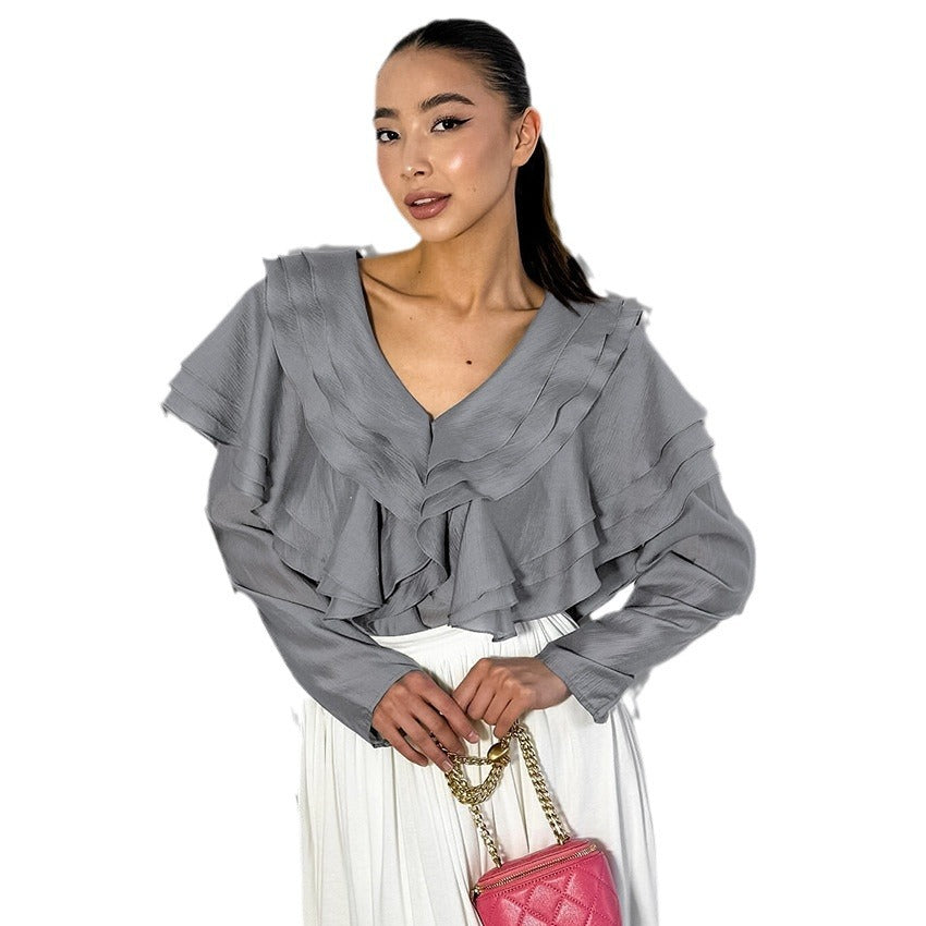 Sexy V-Neck Layered Ruffled Loose Gauze Women's Shirt New Spring Fashion Woman