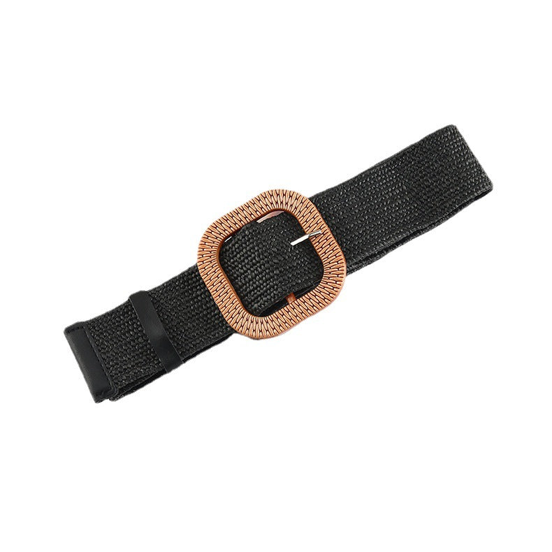 Cotton Hemp Wind Pp Grass Woven Belt For Women Round Square Buckle Dress Gown Decoration Belt
