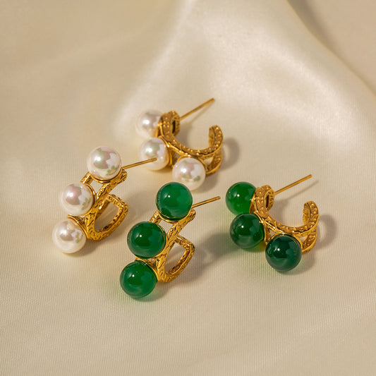 5pcs Classic Stainless Steel Hammer Pattern 18 Gold Inlaid Pearl Earrings Fashion All-In-One Earrings