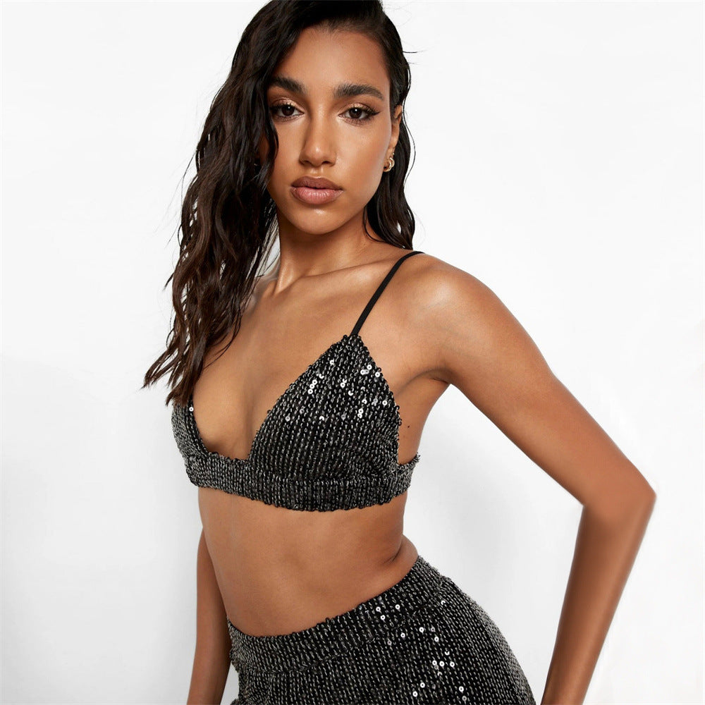 Sequin Long-Sleeved Blouse V-Neck Tank Top Straight-Leg Three-Piece Sexy Spring/Summer Y2K Party Set