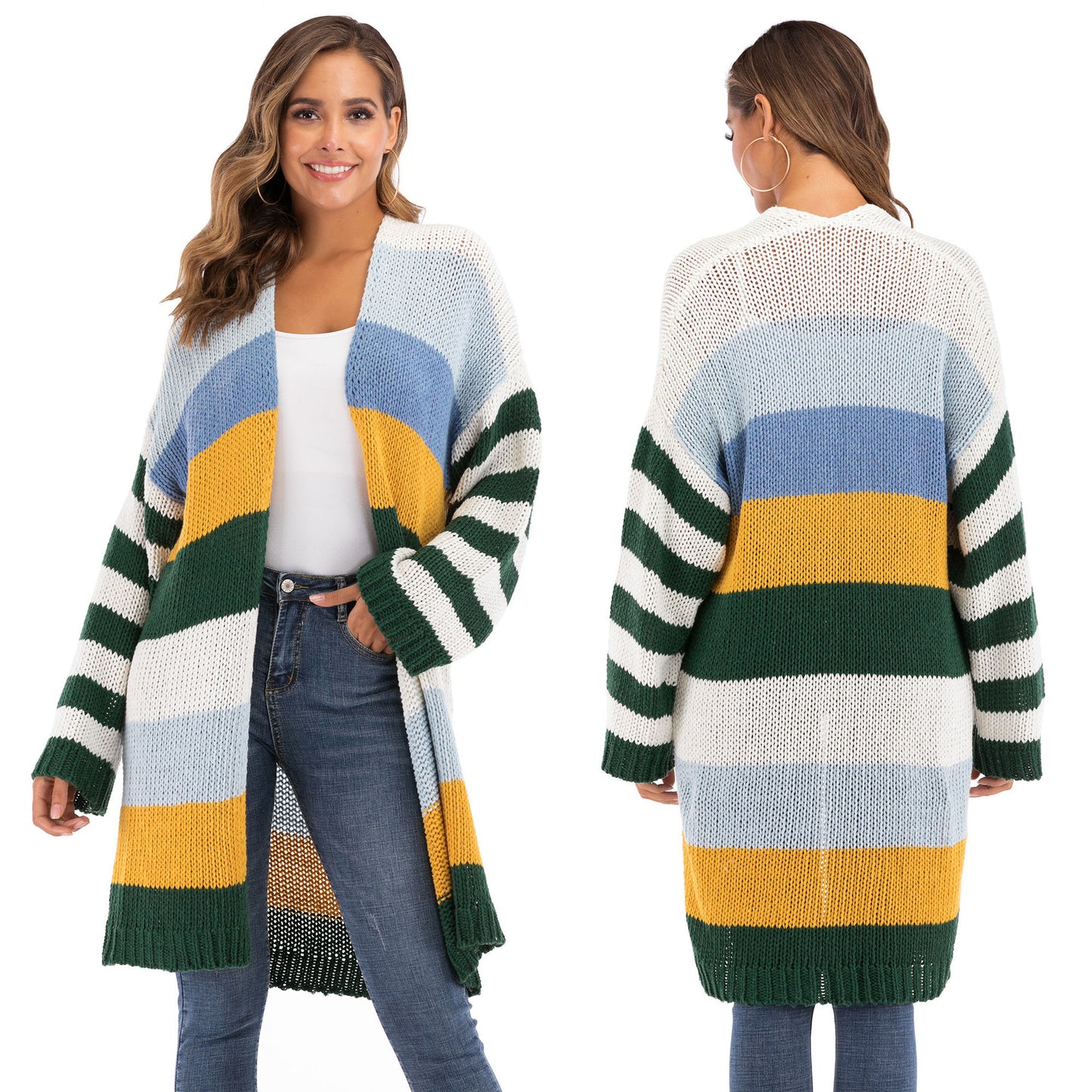 Women's Mixed Color Splicing Color Contrast Stripes Long Woven Sweater Thick Cardigan Coat