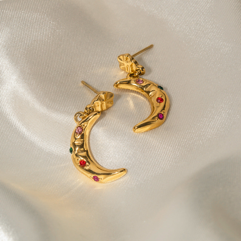5pcs Hot Sale Of Earrings 16K Gold Stainless Steel Moon Pendant Color Zircon Earrings Jewelry Women