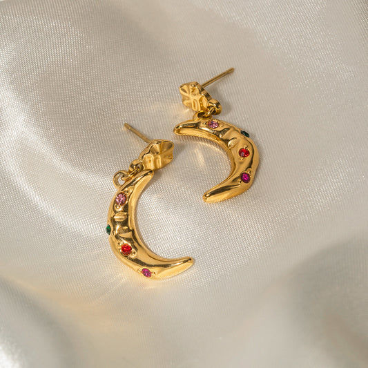 5pcs Hot Sale Of Earrings 16K Gold Stainless Steel Moon Pendant Color Zircon Earrings Jewelry Women