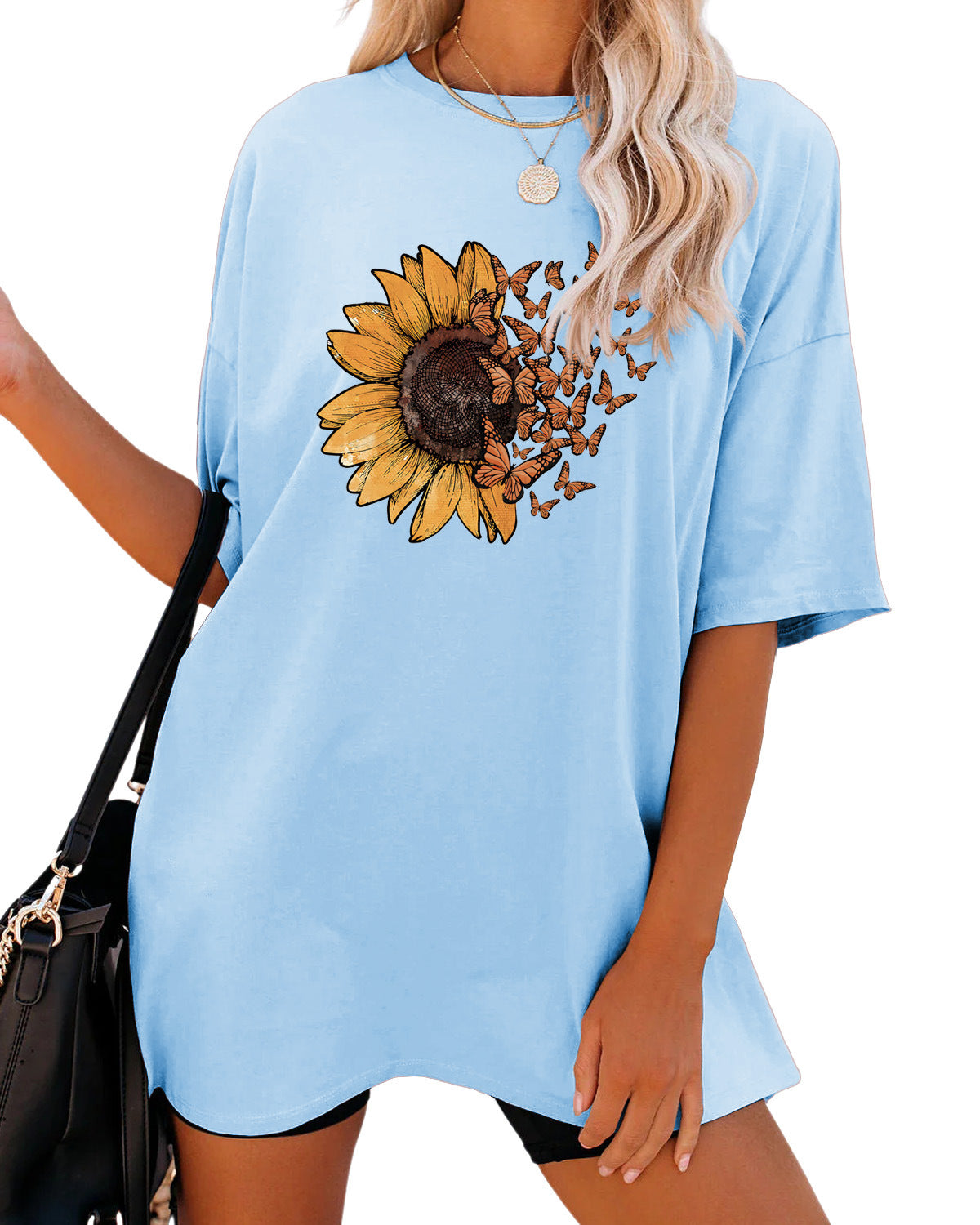 Casual Sunflower Print Loose T-Shirt Women's Round Neck Fashion Short Sleeve Shirt