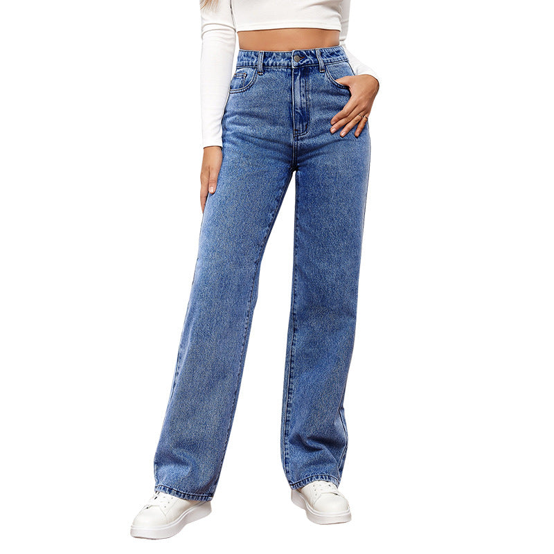 High-Waisted Washed Jeans For Women Long Stylish Straight-Leg Pants