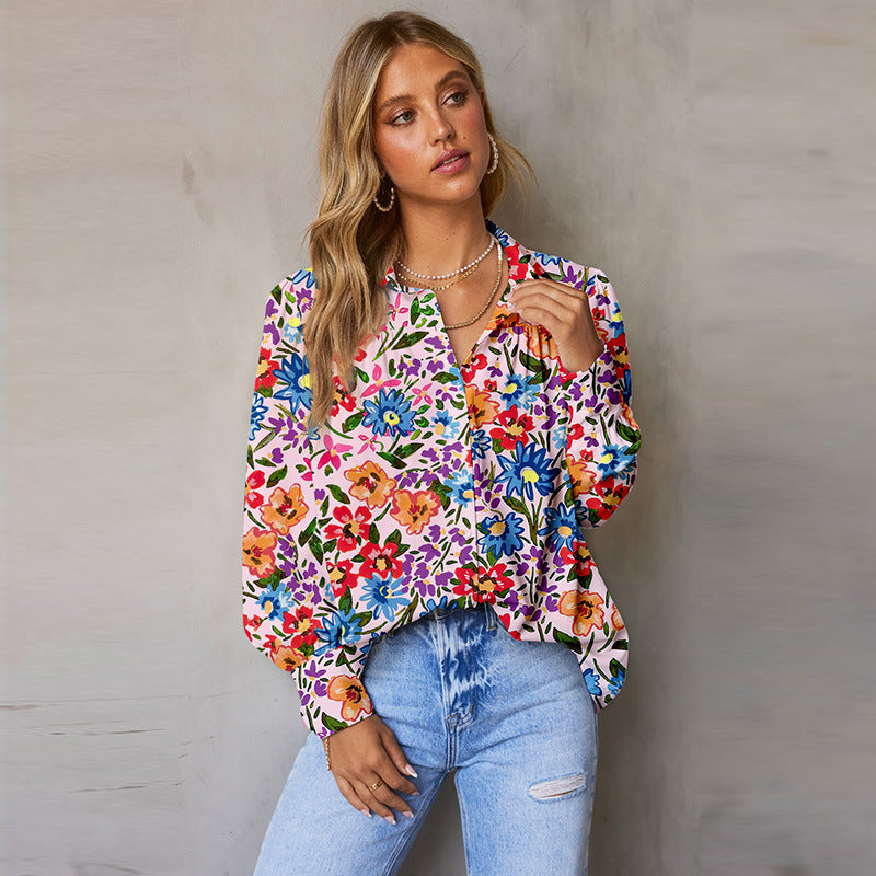 Autumn New Multi-Color Bubble Sleeve Shirt Women Thin Loose Flower Print Long Sleeve Blouse Women