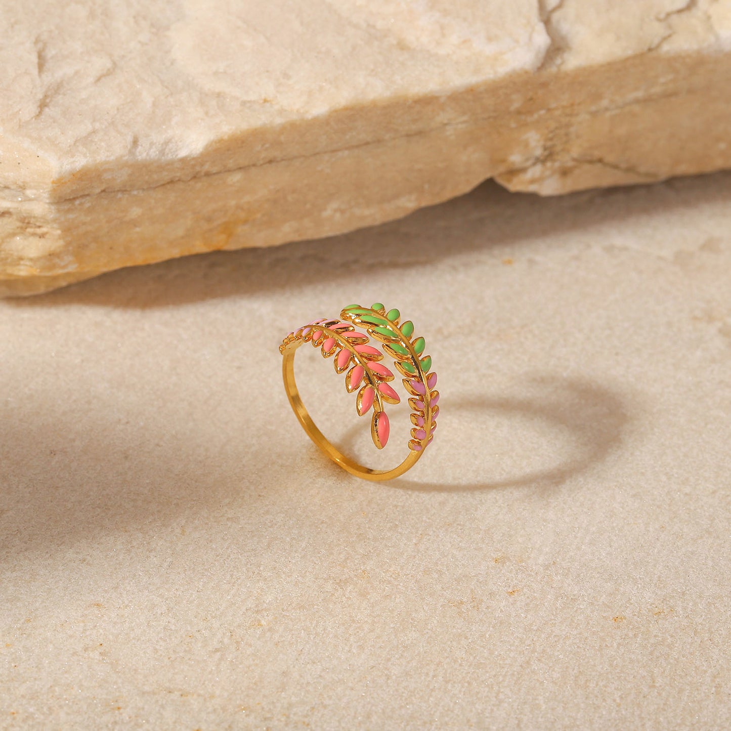 5pcs New Ring Creative Leaf Branch Ring 18K Gold Plated Stainless Steel Women Color Dripping Open Ring