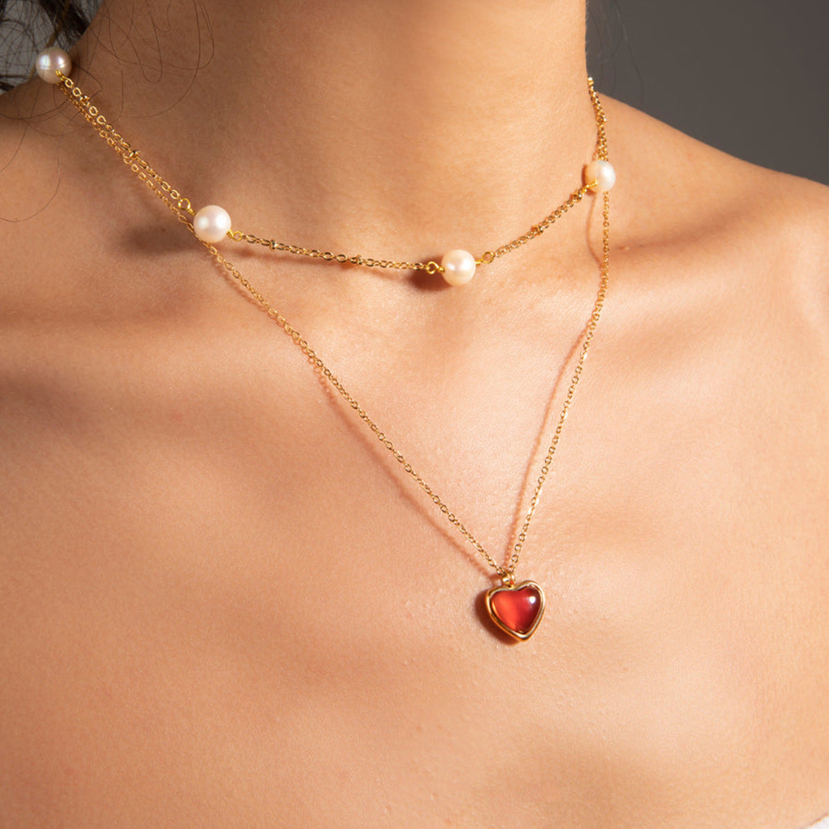 5pcs New Style 18K Gold Stainless Steel Inlaid With Red Agate Love Pendant Necklace Collar